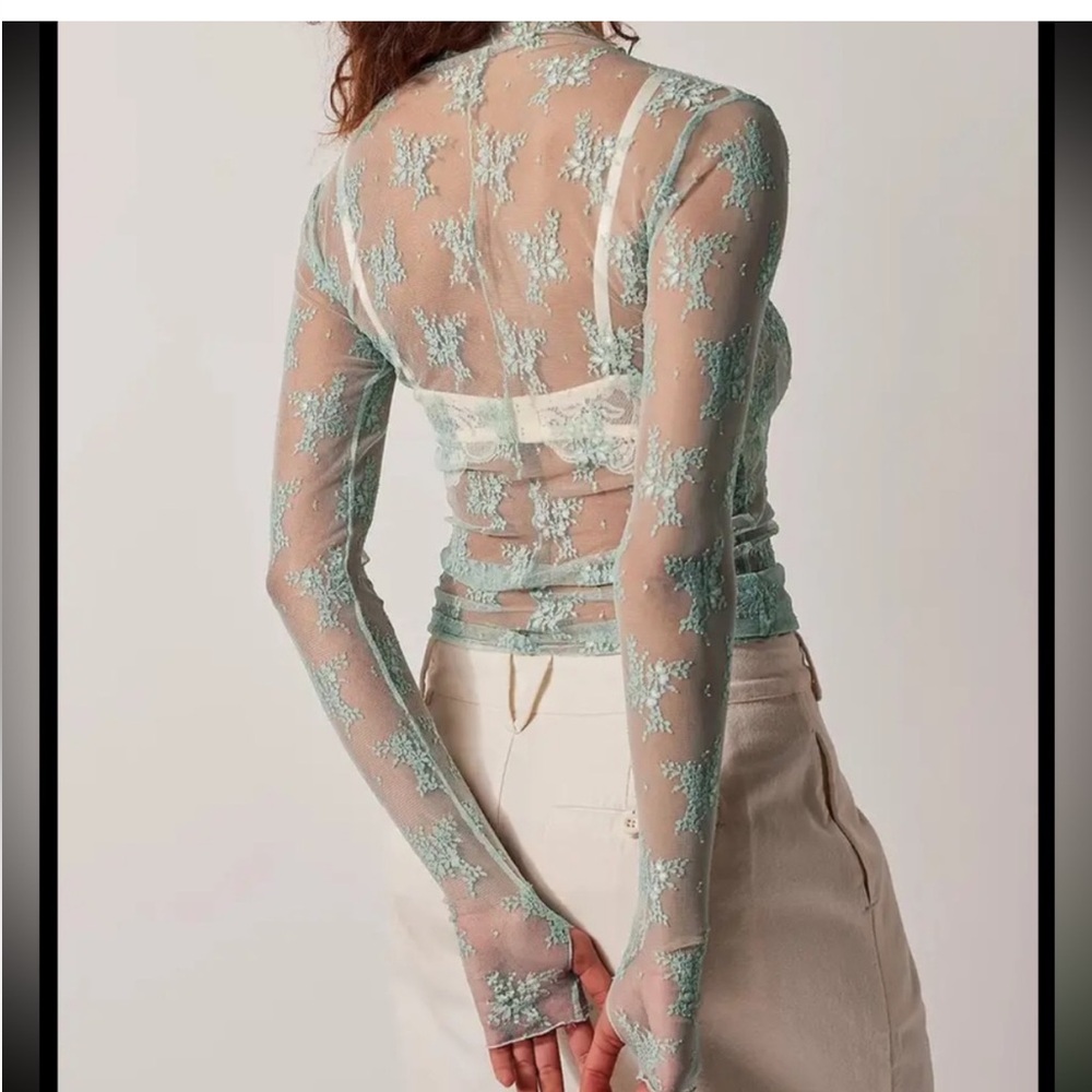 Free People Sheer Lace Long Sleeve Top with Thumbholes